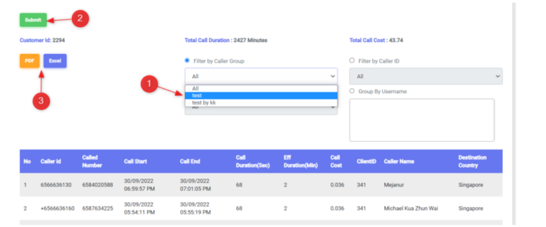 Filter call reports by call group